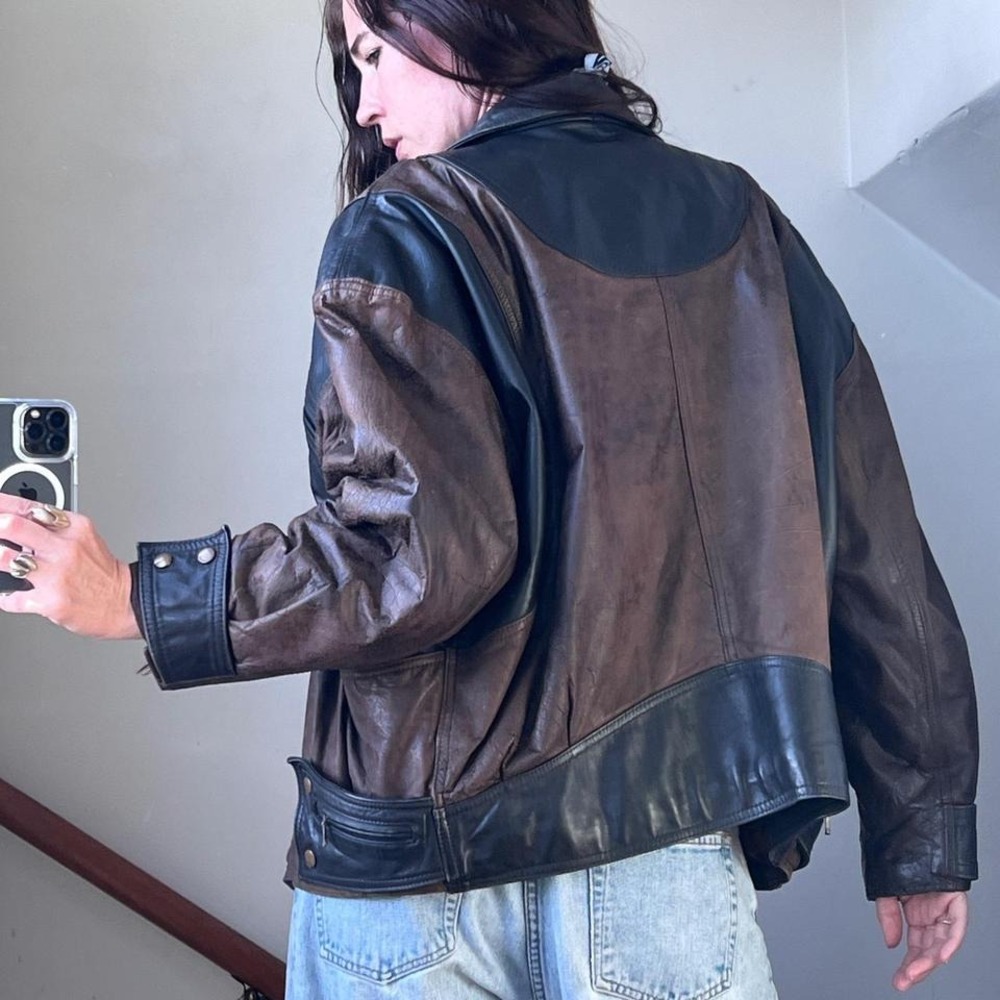 Vintage Leather Jacket Brown Black Two Tone Unique Oversized Bomber 90s Baggy - Picture 6 of 9